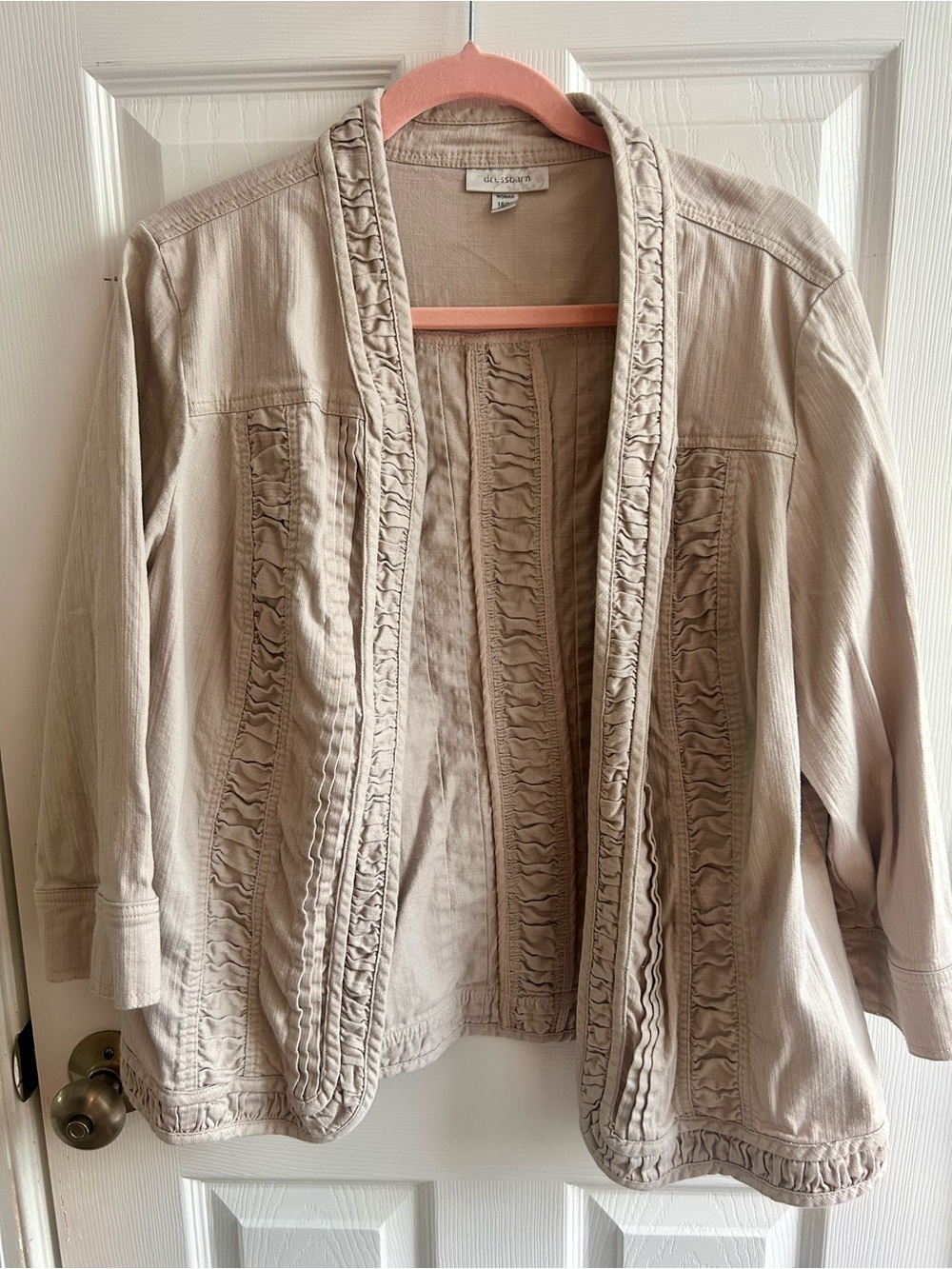 dressbarn Light Taupe Ruffle-Trim Open Front Jacket